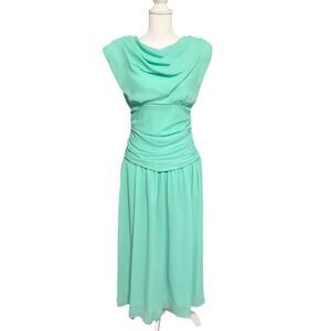 Vintage 80s Mint Green Drape Front Sleeveless Ruched Waist Midi Dress Size 11